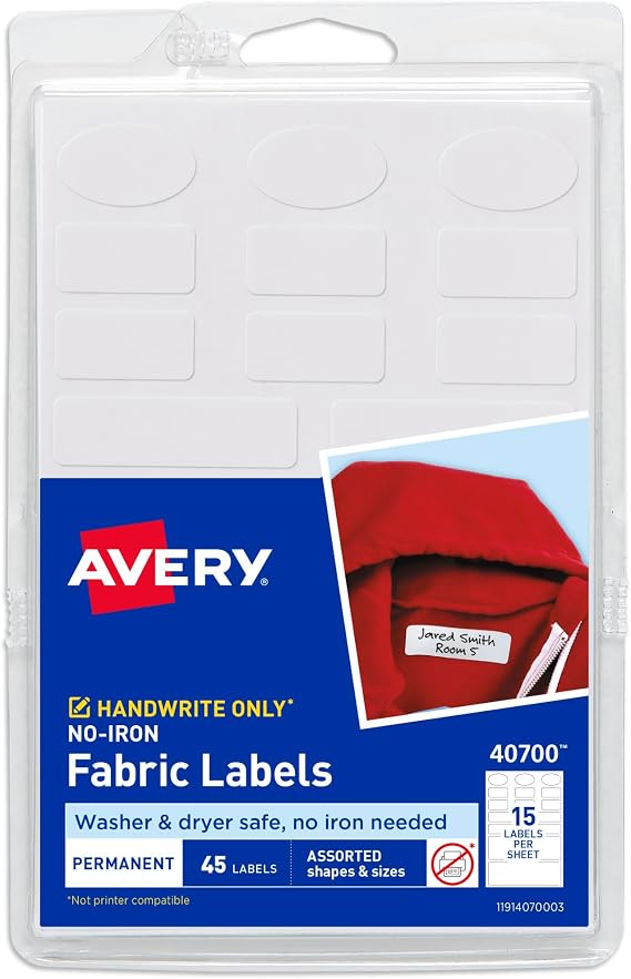 Avery No-Iron Fabric Labels, Assorted Shapes and Sizes, Washer and Dryer-Safe Waterproof Labels, Non-Printable, 45 Total (40700)