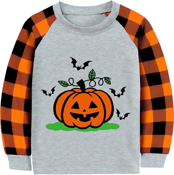 CM-Kid Toddler Boy Girl Halloween Shirt Pumpkin Ghost Boo Raglan Orange Buffalo Plaid Long Sleeve Tshirt Tops