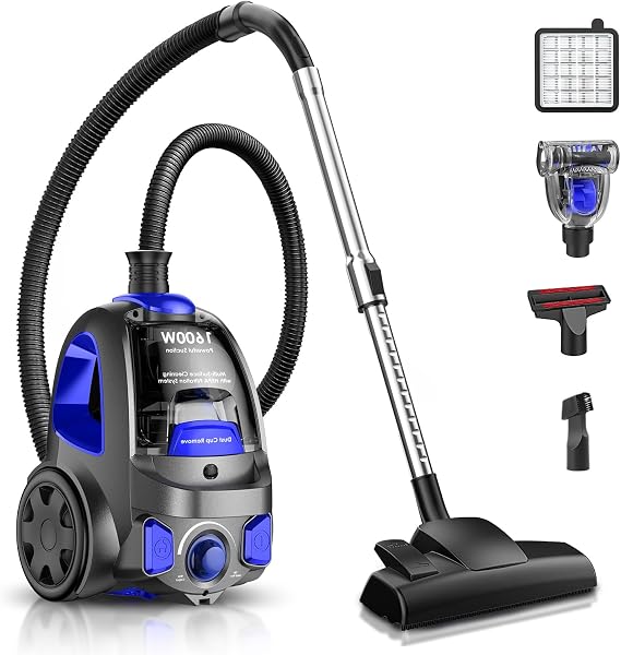 Canister Vacuum Cleaner, 32Kpa 1600W Cyclon Power Bagless Canister Vacuum Cleaners for Home, 3.7QT Large Dust Cup, Lightweight Vac for Hard Floors, Carpets, Pet Hair, Blue