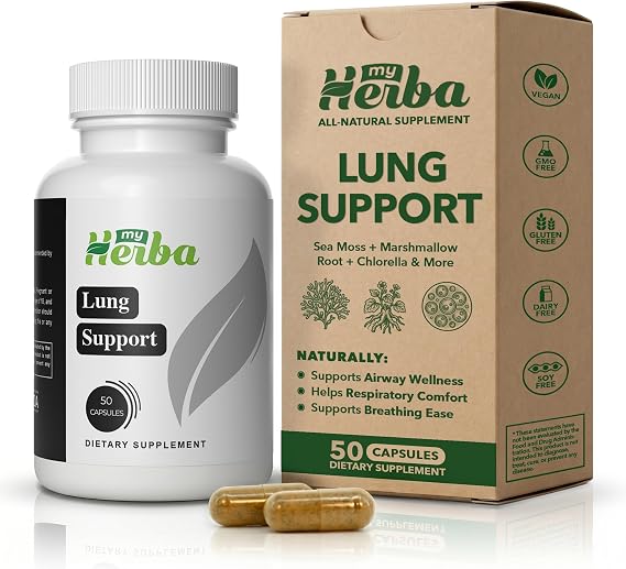 Lung Support Supplement with Marshmallow Root, Herbal Respiratory Blend for Daily Lung and Respiratory Support, with Organic Irish Sea Moss Plus Ginkgo and Chlorella, Vegan, 50 Capsules