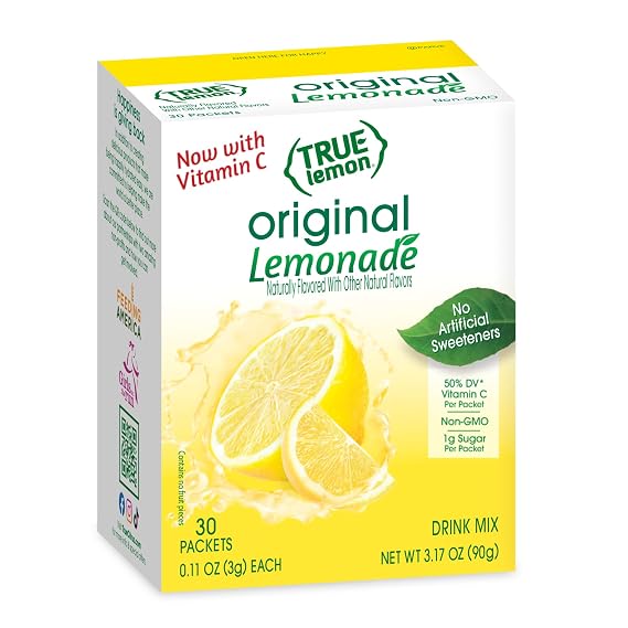 TRUE LEMON Original Lemonade Drink Mix (30 Packets) | Made from Real Lemon | No Preservatives, No Artificial Sweeteners, Gluten Free | Water Flavor Packets & Water Enhancer with Stevia