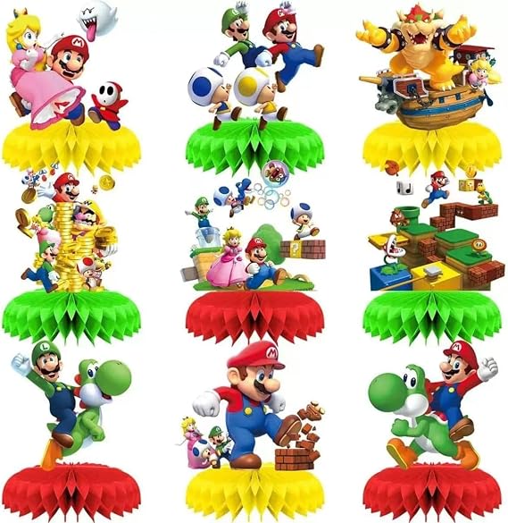 For Mario Birthday Party Supplies , 9Pcs Honeycomb Centerpieces for Mario Party Decorations, Double Sided Table Decorations Centerpieces Party .