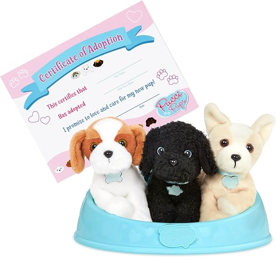 Pucci Pups Adopt-a-Pup Shih Tzu, Chihuahua, Poodle Plush Toy Dogs with Dog Bed Plush Dog for Kids 2+ Years