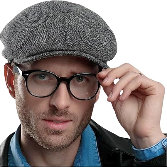 Biddy Murphy Irish Wool Tweed Newsboy Cap for Men, Herringbone | Made in Ireland, 100% Wool Flat Hat, Traditional Button-Top Design