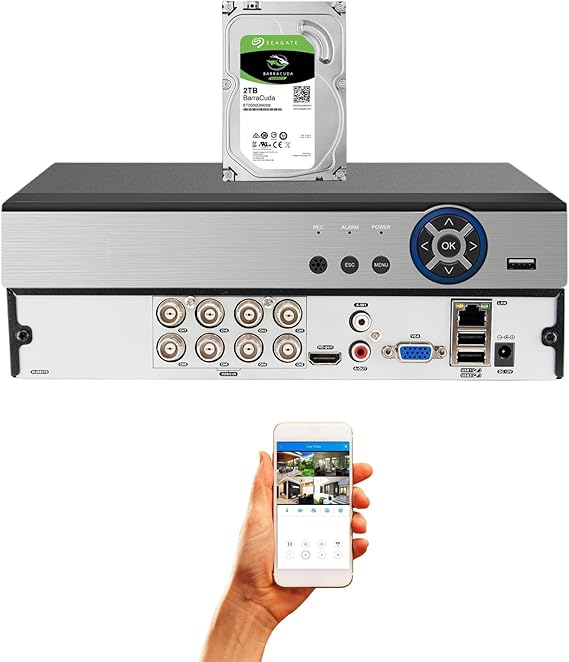 Evertech 8 Channel H.265 Security DVR with 2TB Hard Drive HD AHD TVI CVI Analog Home Office Standalone CCTV Surveillance Digital Video Recorder
