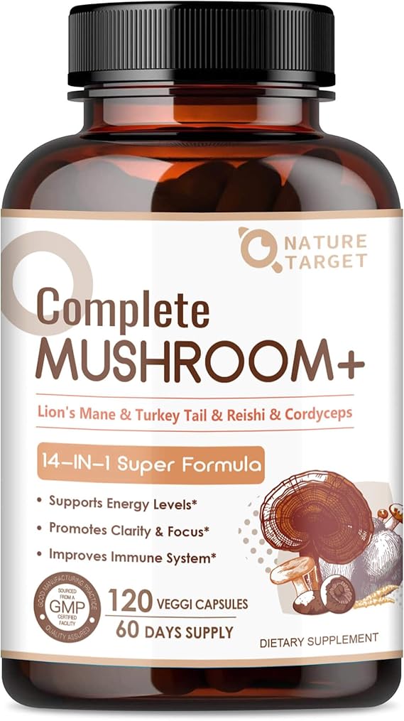NATURE TARGET 14-in-1 Mushroom Supplement - Mushroom Complex with Lion's Mane, Cordyceps, Reishi & Turkey Tail - Caffeine-Free Energy, Memory & Immune Support - Vegan, 120 Capsules