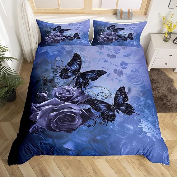 Rose Butterfly Duvet Cover Set Twin Size,Abstract Floral Leaves Bedding Set 2Pcs for Kids Girls Woman Men Room Decor,Blue Purple Comforter Cover Modern Romantic Couple Quilt Cover,1 Pillowcase