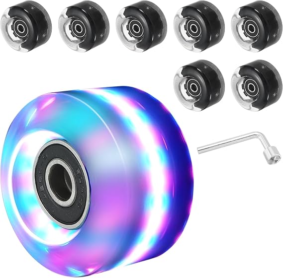 PATIKIL Roller Skate Wheels Set,8 Pack 58mm 82A Light Up Skateboard Cruiser Wheels Set with Bearings Trucks Tool Kit for Double Row Skating, Pink, Blue, Green