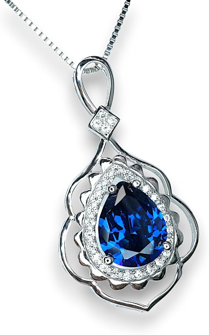 Teardrop Blue Sapphire Necklace 3 CT Royal Blue Sapphire Pendant Sterling Silver Pear Diamond Halo Gold Petal Jewelry Lab Created Gem #773