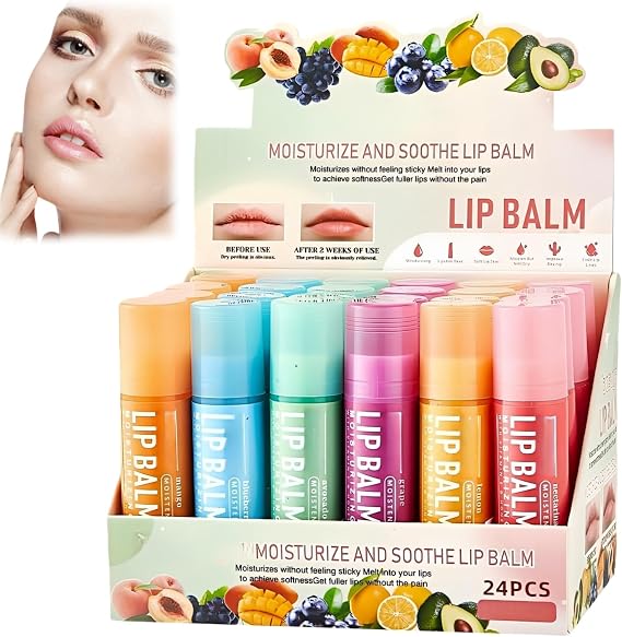 24 Pack Lip Balm Set,Moisturizing Bulk Mini Balm Pack for Dry Cracked Lips,Fruit Flavor Lip Balm,Lip for Gifts Hydrating Care,Fruity Flavors Natural Organic Deep Moisturizing Lip Repair Multipack