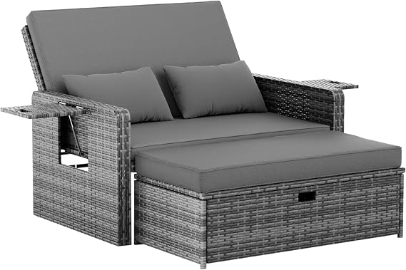 Amopatio Rattan Daybed Garden Furniture Set, Outdoor Loveseat Sofa with Storage Ottoman, Sunbed Sofa Set with Cushions/Adjustable Backrest/Retractable Trays for Balcony, Patio, Grey