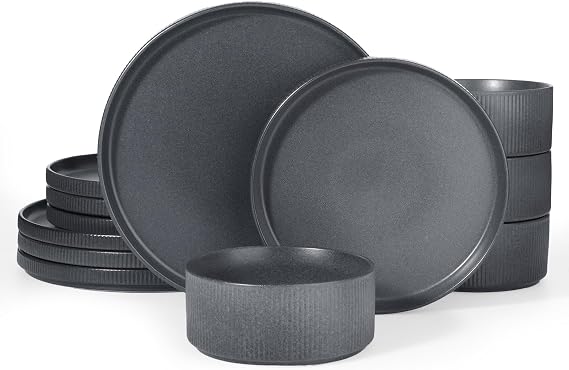Richmount Star Plates and Bowls Set, Stoneware 12 Pieces Dinner Set for 4, Dinnerware Sets with Dinner Plates/Salad Plate/Cereal Bowls, Dishwasher & Microwave Safe, Matte DarkCharcoal