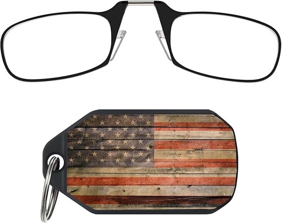 ThinOptics Keychain Readers Rectangular Reading Glasses, Printed Flag Case/Black Frames, 44 mm + 1.5