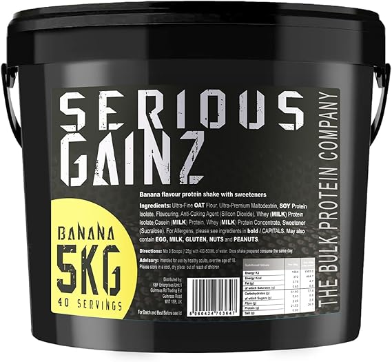 Serious Gainz, 5kg (40 Servings) – Mass Gainer Protein Powder, ~27g Protein, ~460 Calories, ~74g Carbs – Weight Gainer Shake with Whey Isolate &amp; Oat Flour – Post-Workout Recovery – Banana