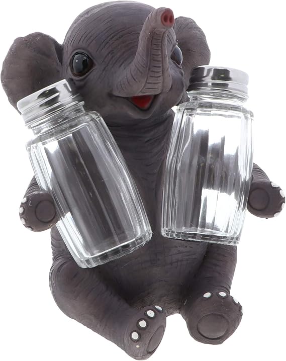 Jungle Animals Kitchen Decor Novelty Salt and Pepper Shaker Set With Holder - Baby Elephant