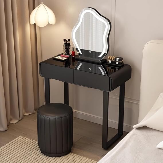Makeup Vanity Table， Dressing Table with Mirror 3 Lighting Modes with Stool Vanity Desk 2Large Drawers for Dressing Room Black(With Black leather stool)