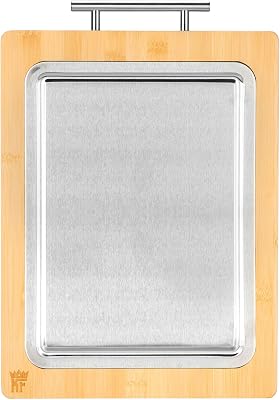 KF Double Sided Cutting Board - Bamboo and Stainless Steel Cutting Boards for Kitchen, Non Toxic Reversible Chopping Board for Meat and Veggies