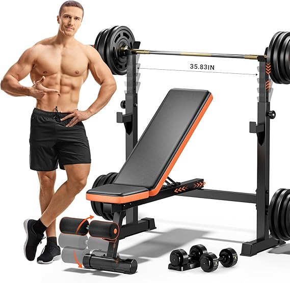 Fostoy Adjustable Weight Bench with Lat Pulldown & Leg Developer | Preacher Curl Pad, Leg Extension & Curl, Adjustable Seat & Backrest, Bench Press Station, Full Body Home Gym Workout