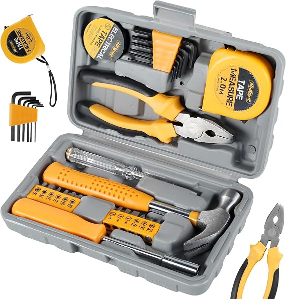 24 Pcs Home Repair Tool Kit General Household Hand Toolbox Set with Storage Case DIY Tools Hammer and Allen Key Set with Electrical Tape Screwdriver Test Pen Plier Bits for Men Women & Beginner