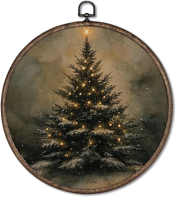Giosve Vintage Christmas Tree Round Wall Art Canvas Framed Poster, Moody Antique Winter Christmas Tree Holiday Hanging Wall Sculptures for Home Bedroom Living Room Decor, 10x10 Inch