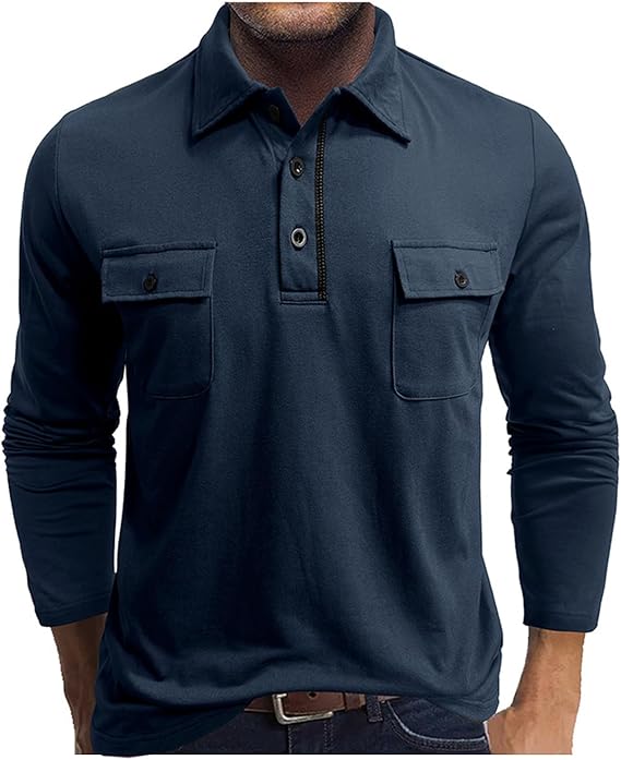 Mens Vintage Polo Shirts Fashion Textured Golf Tops Lapel Button Pullover Shirts Casual Long Sleeve Tops with Pockets