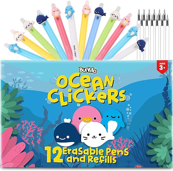 BUNMO 12 Erasable Gel Pens Cute Animal Fine Point Pens for Kids