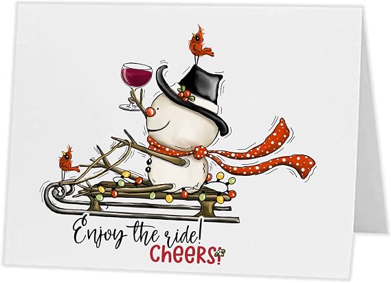 Christmas Cards - Adorable Snowman Enjoy The Ride - Customizable Personalized single and 12 packs