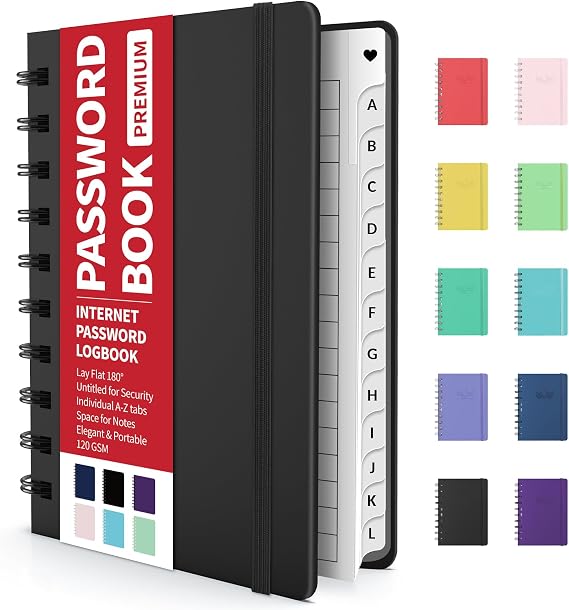 Forvencer Password Book with Individual Alphabetical Tabs, 4" x 5.5" Small Password Notebook, Spiral Password Keeper, Internet Address and Password Manager, Password Logbook for Home Office, Black