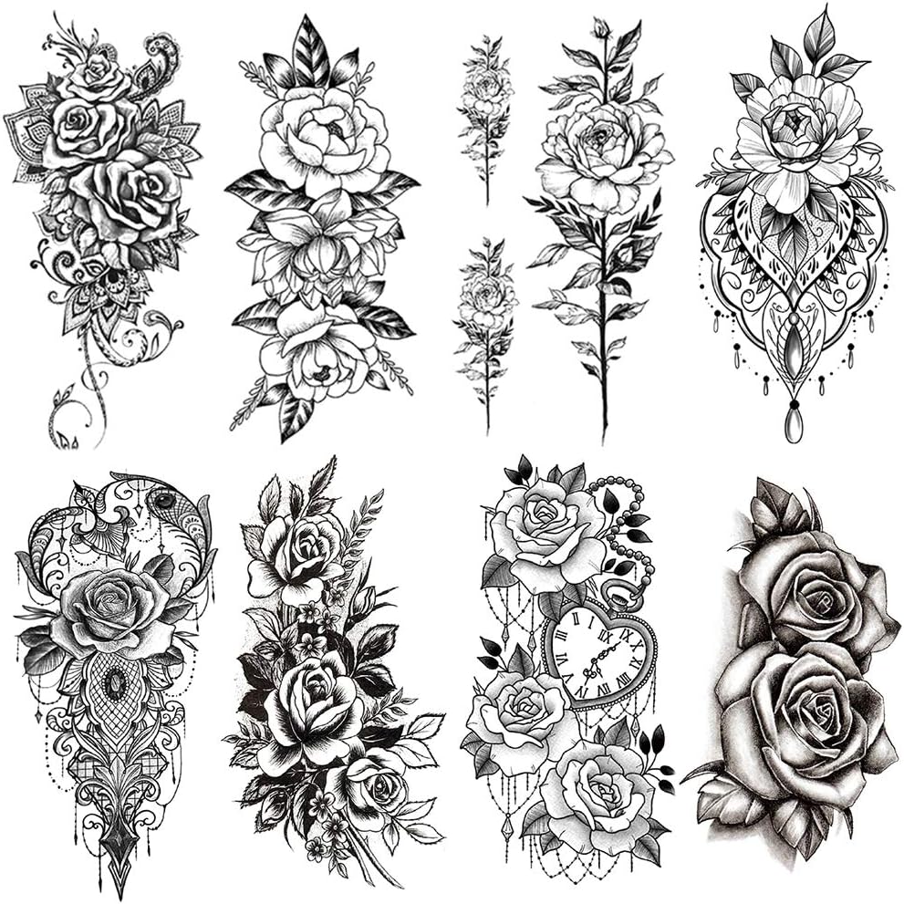 Yesallwas Sexy Rose Flower Temporary Tattoos For Women Girls Waterproof Black Large Fake Tattoo Stickers 3D Blossom Lady Shoulder Tattoos DIY Legs Sexy Arm Chains