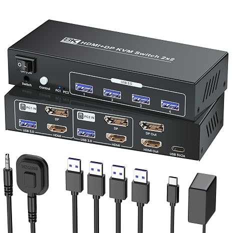 HDMI Displayport KVM Switch 2 Monitors 2 Computers, 8K60Hz 4K120Hz USB 3.0 Dual Monitor HDMI DP KVM Switch for 2 PCs Management Via 1 Set of Keyboard, Mouse and 2 Monitors