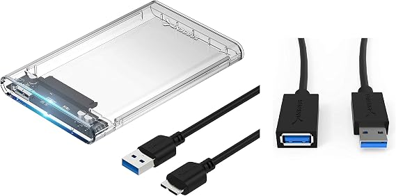 Sabrent 2.5-Inch SATA to USB 3.0 Tool-Free Clear External Hard Drive Enclosure + 22AWG 3 Feet USB 3.0 Extension Cable