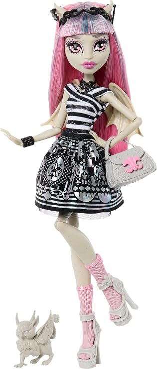 Monster High Boo-riginal Creeproduction Rochelle Goyle Doll | Reproduction Collector Doll, Gargoyle in Black and White Striped Dress with Doll Stand, Diary and Pet Griffin Roux, JHK57