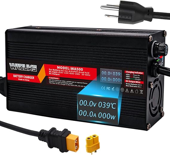 42V 10A Lithium Battery Charger with OLED Display Usd for 36V 37V 10S Li-Ion Lipo Battery Pack Cooling with Fan Inside Aluminum Case