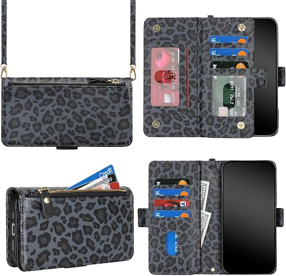 for iPhone 16 Pro Max Phone Case Wallet with Crossbody Strap, Shoulder Necklace Lanyard,flip Cover PU Leather, for Women Men, Zipper Pocket, Kickstand, Card Holder, 6.9 Black Leopard