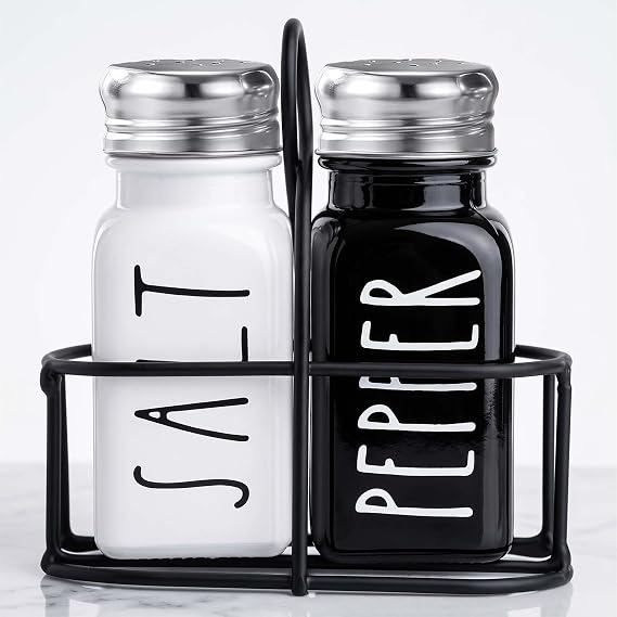 Farmhouse Salt and Pepper Shakers Set, A Cute Premium Glass Shakers with Holder and Stainless Steel Lids, Perfect for Adding a Vintage Kitchen Decor Charm, Great as a Gift (Black & White)