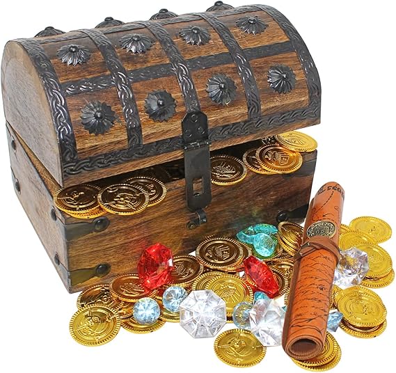 Wooden Pirates Treasure Chest Box Pirate Treasure Map and Gold Coins/Gems