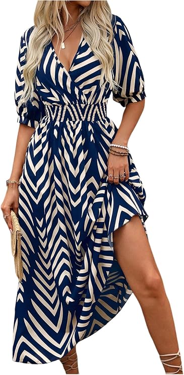 SweatyRocks Women's Summer Half Sleeve Wrap Smocked A Line Midi Dress | Printed A Line Long Dress, Boho Vacation Date Night Dresses, Summer Outfits
