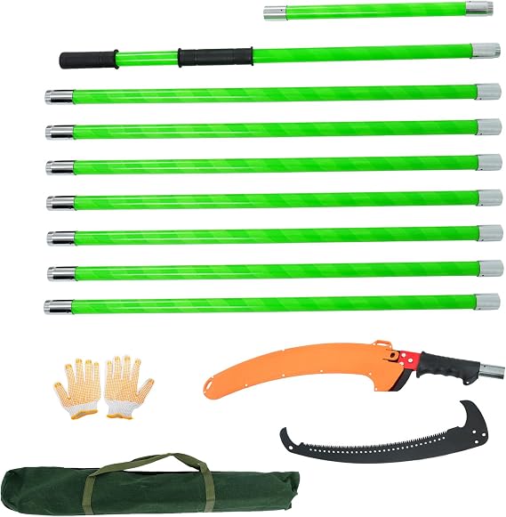 30FT Extendable Pole Saw, Manual Branch Trimmer with Long Handle, Manuals Tree Pruning Saws, 9 Knots Green