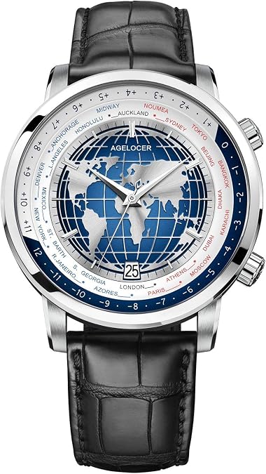 AGELOCER Men's Genuine Diamond Dial Blue World time Mechanical Calendar Fashion Watch