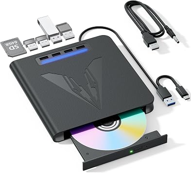 7 in 1 External Blu Ray Drive & Burner for PC Laptop, Portable Blu Ray/DVD/CD Burner with 100GB Disc Support, SD/TF Card Reader & USB 3.0 Hub for Windows MacOS Linux Desktop (7 in 1)