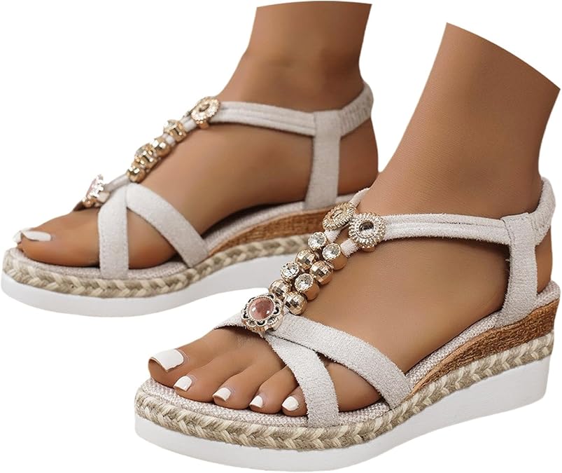 Women's Sandals & Slides Wide Fit Platform Bohemian Wedge Sandal Lightweight Summer Elastic Ankle Strap Beading Walking Shoes Comfortable Open Toe Slingback Orthopedic Sandals