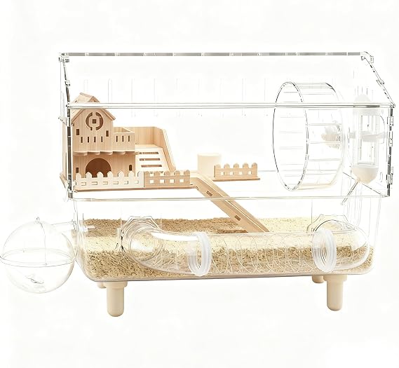 Dwarf Hamster Cage - 2-Layer Clear Habitat - 17.7x11x13.3 Inch Acrylic Hamster House | for Hedgehog Gerbil Chinchilla Small Pet Breeding Indoor