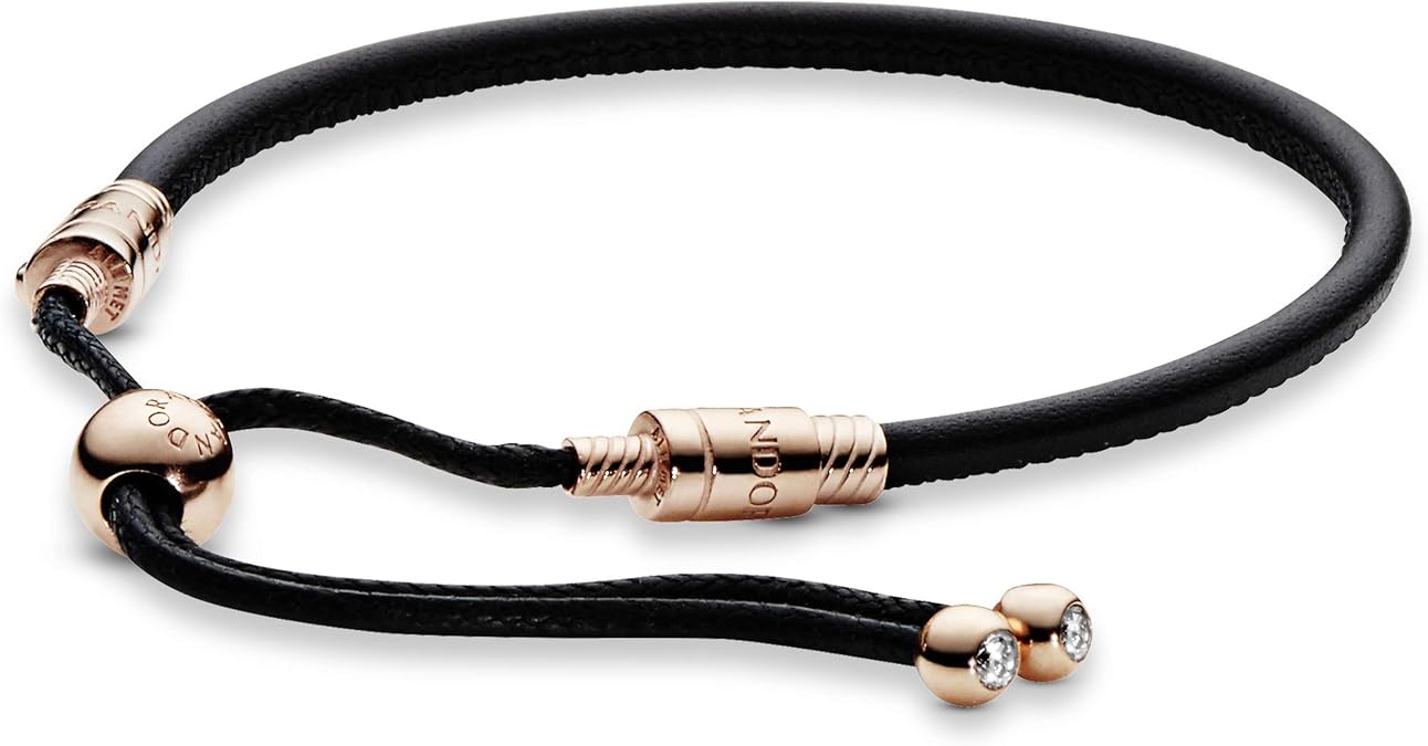 PANDORA Jewelry Moments Black Leather Slider Cubic Zirconia Bracelet in Rose, 11.0"