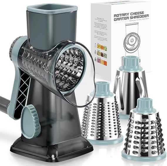 Badelite Cheese Grater Vegetable Cheese Shredder Slicer Grater for Kitchen 3 Changeable Blades for Cheese Potato Zucchini Nuts Chocolate (Grey Blue)