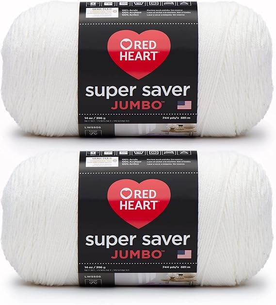 Red Heart Super Saver Jumbo Yarn for Crocheting, White, 2-Pack