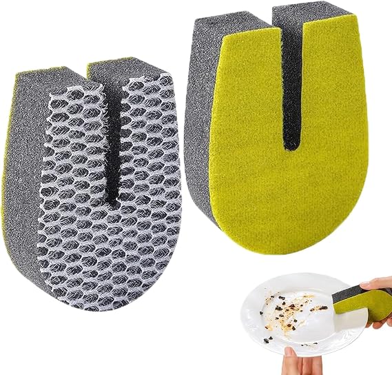 U Shaped Double Sided Sponge Scrubber, Non Scratch Dishwashing Sponge with Groove Design, Reusable Kitchen Cleaning Pad for Cups Knives Pots Pans Sink Crevice Tool (2pcs)