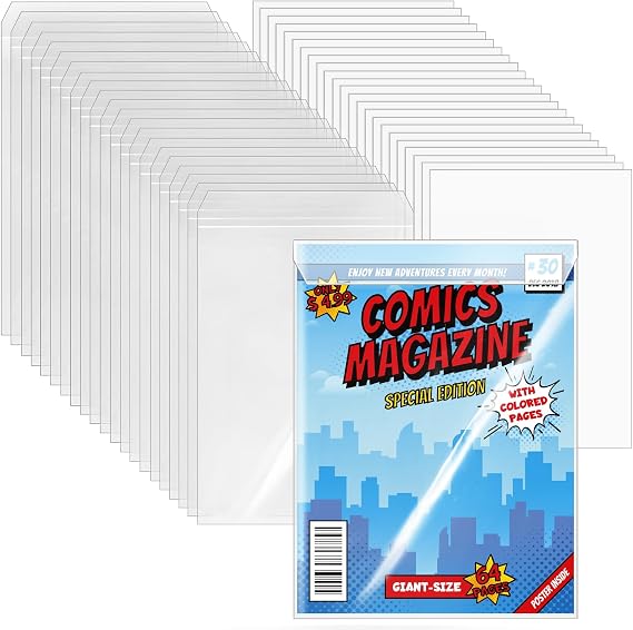 VOKOY 25 Sets Current Size Comic Book Bags and Boards, Reusable Transparent Comic Book Sleeves with Double-Sided White Cardboard Regular Comics Magazine Storage for Collector Small Business
