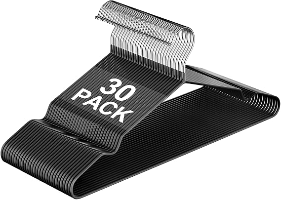 16" Non-Slip Rubber Coated Metal Suit Hangers 30 Pack with Notches | Durable & Heavy Duty, Space-Saving Hangers for Strap Dress, Camisole, Pants, Coats, Shirt, Black