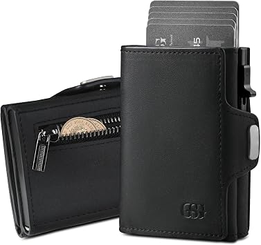 GSG SINCE 1998 Men's Leather Wallet RFID Blocking Pop Up Card Holder Slim Wallet with Coin Pocket ID Window Cash Slot Holds 10 Cards Gift Box Microfiber Black