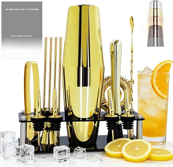 Professional Cocktail Shaker Set with Stand Cocktail Recipes, 15-Piece 750/600ml Bartender Kit, Bar Sets Bartending Kit Bar Tool Set 25/20oz Boston Shakers, Jigger, Muddler (Gold)